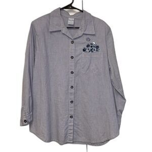 Cascade Blues Check Shirt Women Embroider Floral Button Up Long Sleeve 1X Cotton